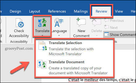 Options for translating a Word document
