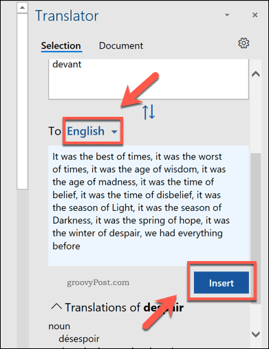 Translate selection options in Word