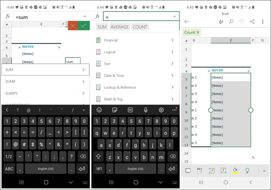 office mobile excel functions
