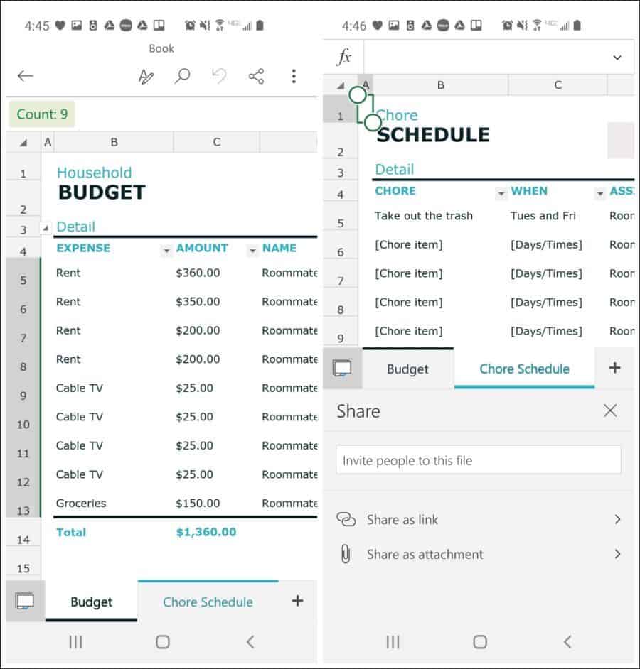 office mobile excel tabs