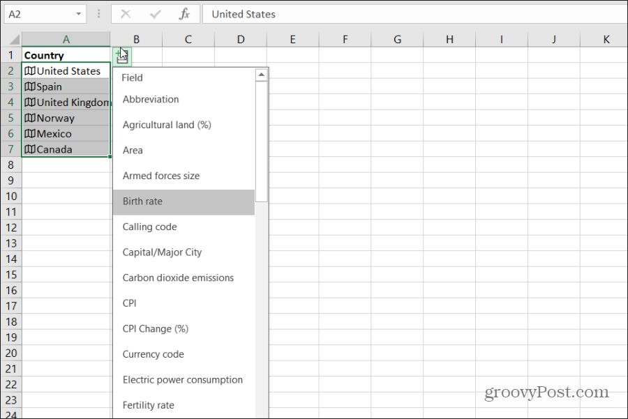 Выбор географических данных страны в Excel