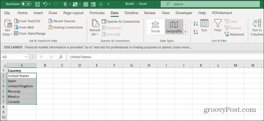 select countries in excel