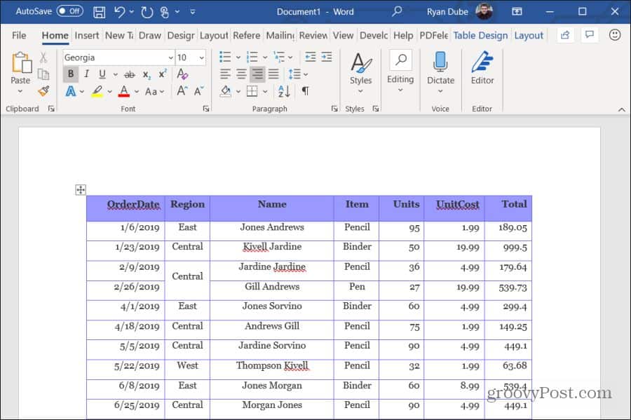 table in word