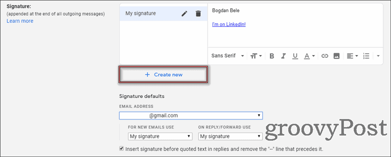 Настройки нескольких подписей Gmail new
