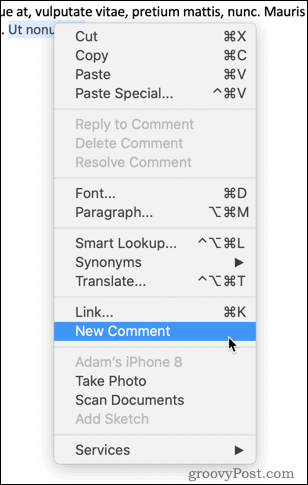 Right-clicking to insert a comment in Word
