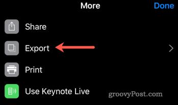 Begin the export process from Keynote to PowerPoint on iOS