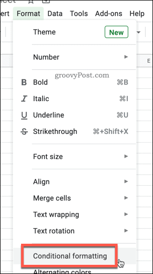 Параметр условного форматирования в Google Таблицах