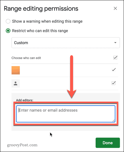 Add names or email addresses into the range editing permissions box