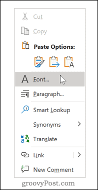 Accessing the Font settings in Word