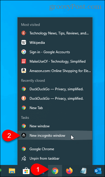 Select New Incognito Window for Chrome on the taskbar