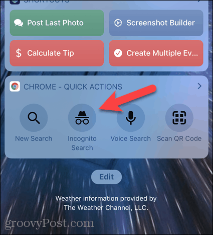 Tap Incognito Search on Chrome widget on iOS