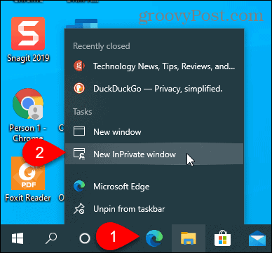 Select New InPrivate Window on Edge icon on taskbar