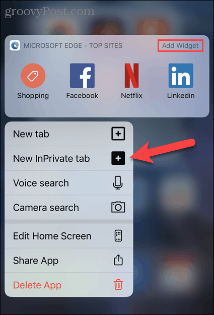 Select New InPrivate Tab from Edge icon in iOS