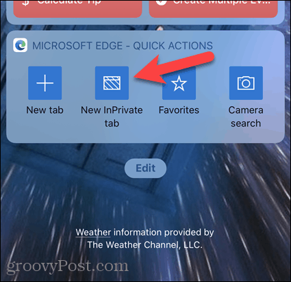 Tap New InPrivate Tab on Edge widget on iOS