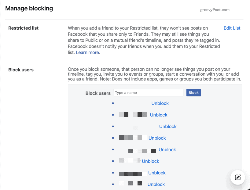 Facebook's Manage Blocking menu.