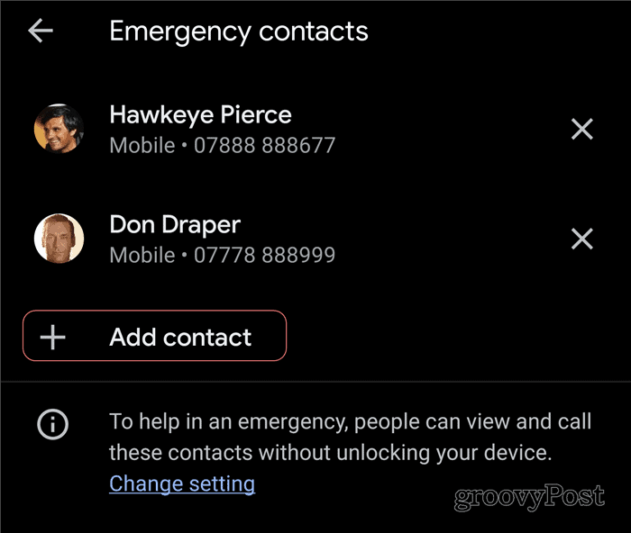 Pixel Security Check emergency contacts