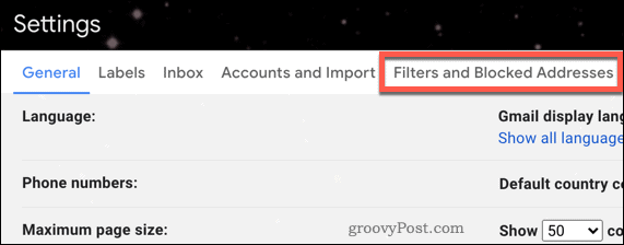 Gmail filters menu