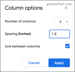 The Column options menu in Google Docs