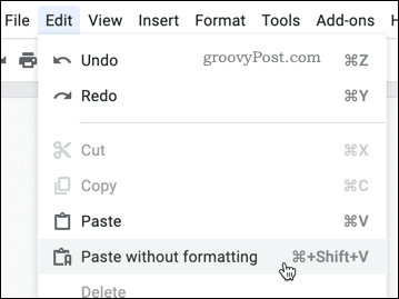 Pasting text with no formatting in Google Docs