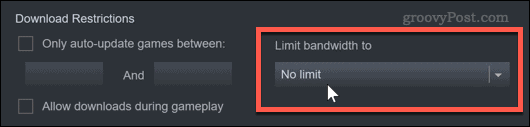 configurações de limite de largura de banda do Steam