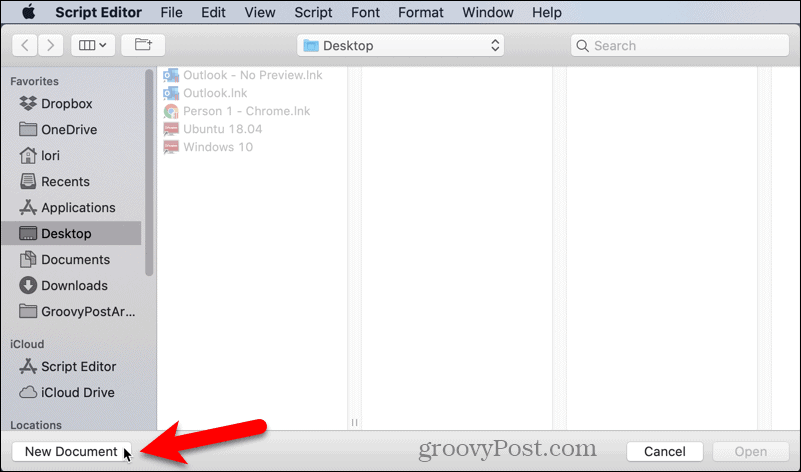 Откройте новый документ в редакторе скриптов на Mac