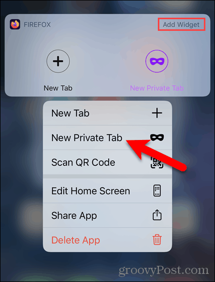 Long-press Firefox icon and select New Private Tab on iOS