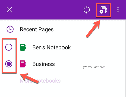 OneNote app close notebook icon