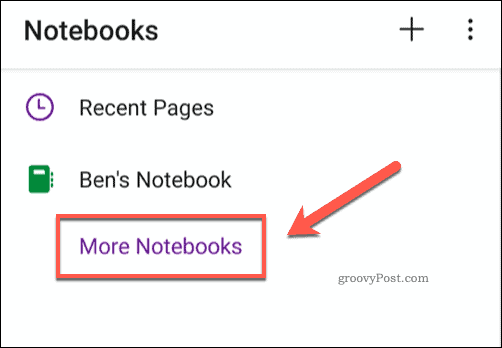 OneNote app more notebooks icon