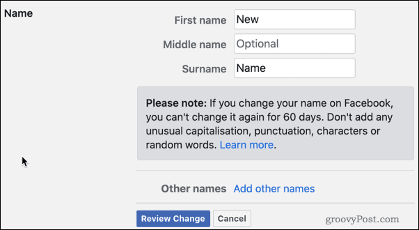 Просмотрите изменения имени Facebook