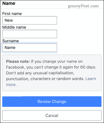 Editing a name in the Facebook mobile app