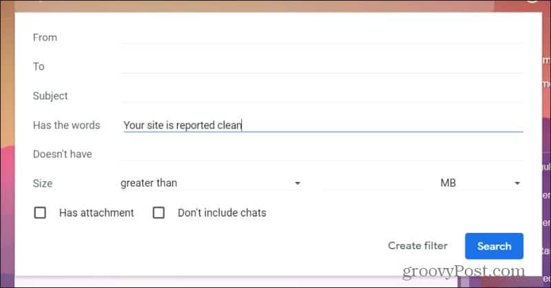 setting gmail filter inputs