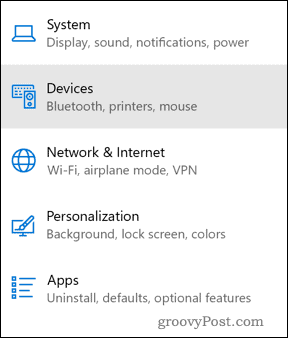Windows Devices Settings menu
