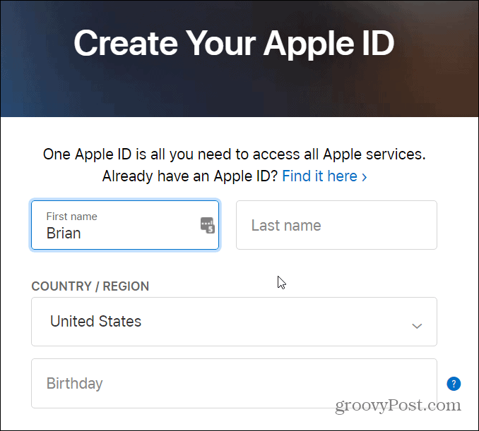 form to create apple id