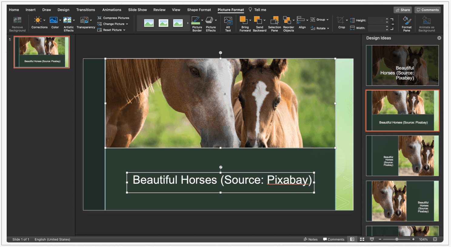 Microsoft PowerPoint on Mac insert caption