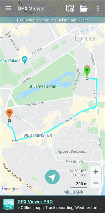 Example GPX map route data shown in the GPX Viewer app in Android