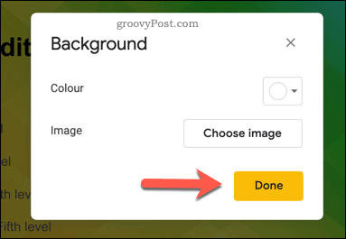 Confirm the addition of a new Google Slides background to a template