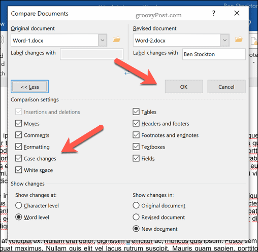 Extra Word document comparison options.