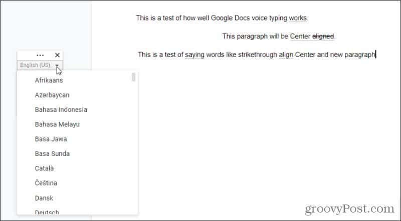 google docs voice typing languages