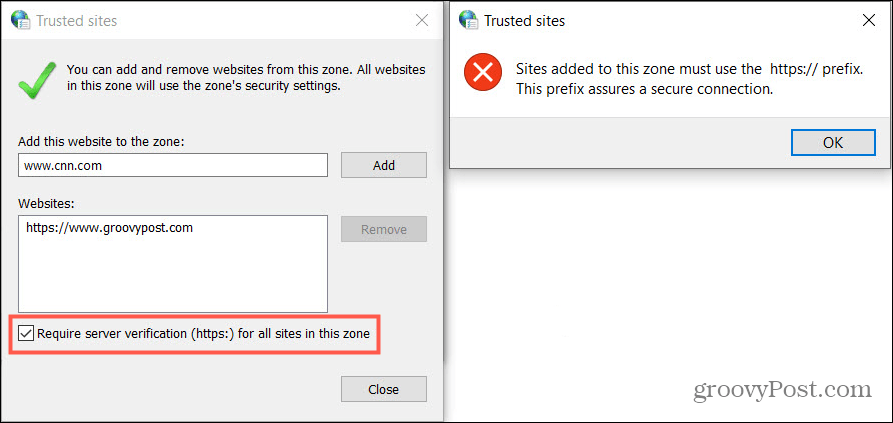 Add Trusted Sites in Windows Control Panel