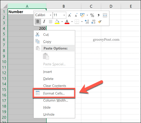 Excel Format Cells option