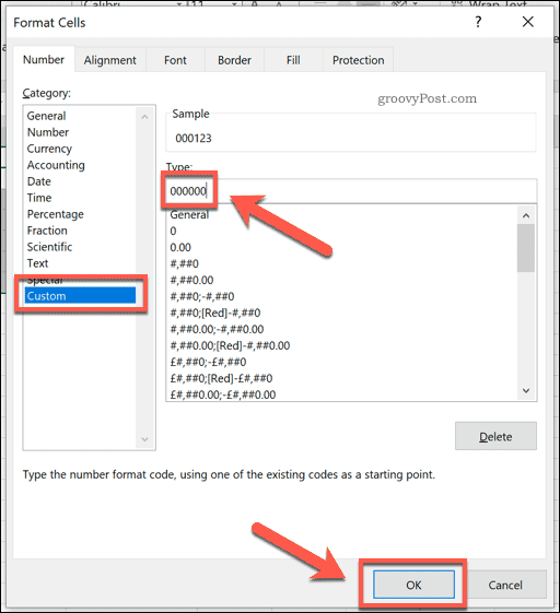 Adding custom formatting to Excel cells to add leading zeros