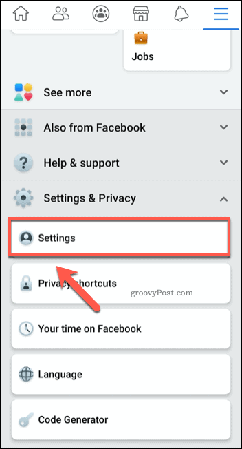Facebook mobile menu settings option