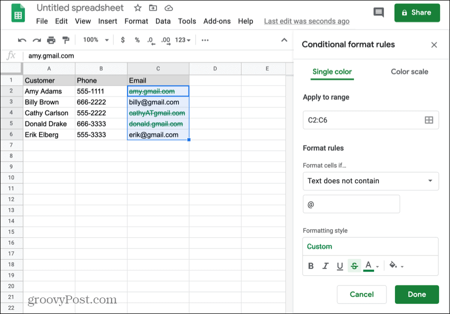 Conditional formatting for text in Google Sheets