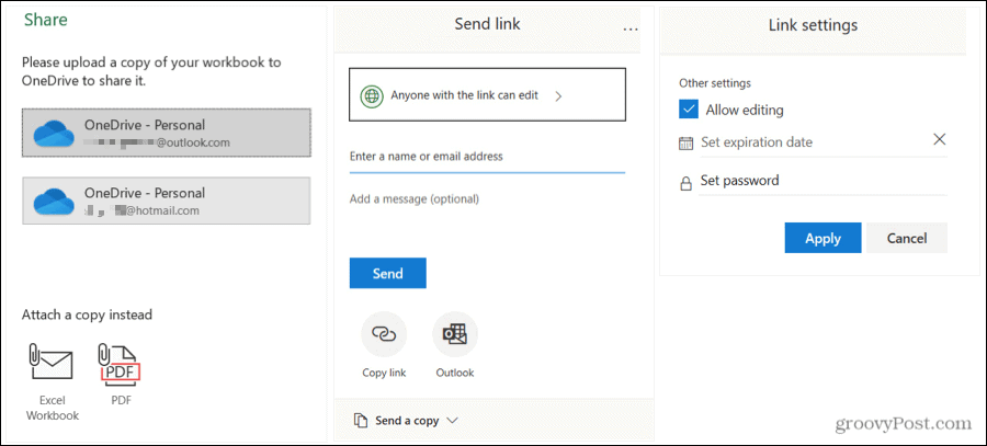 Share Excel Send and Link Settings on Windows