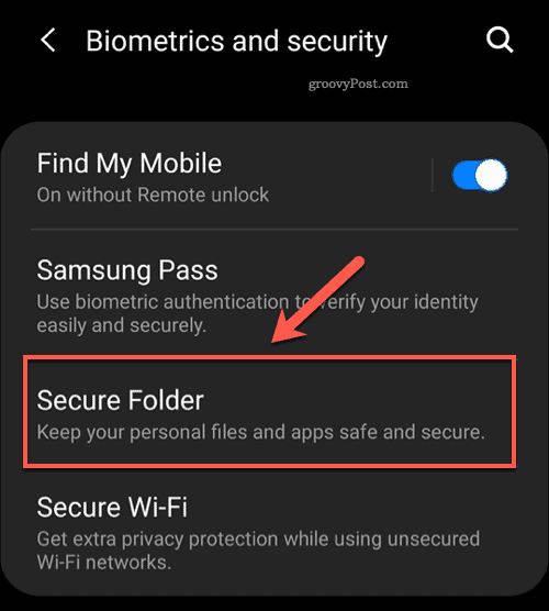 Android Secure Folder menu option