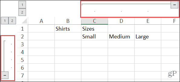 Expanded Grouped Columns and Rows in Excel on Windows