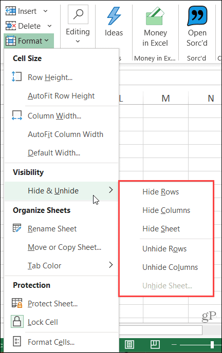 Hide Column Ribbon in Excel on Windows