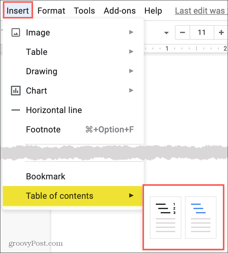 Insert Table Of Contents in Google Docs