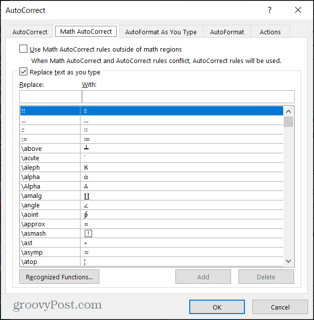 Math AutoCorrect in Word on Windows