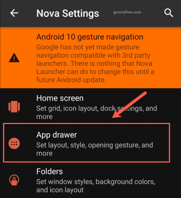 Nova Settings app drawer menu option